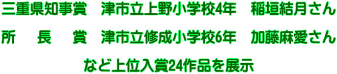 三重県知事賞　津市立上野小学校4年　稲垣結月さん  所   長   賞　津市立修成小学校6年　加藤麻愛さん  など上位入賞24作品を展示